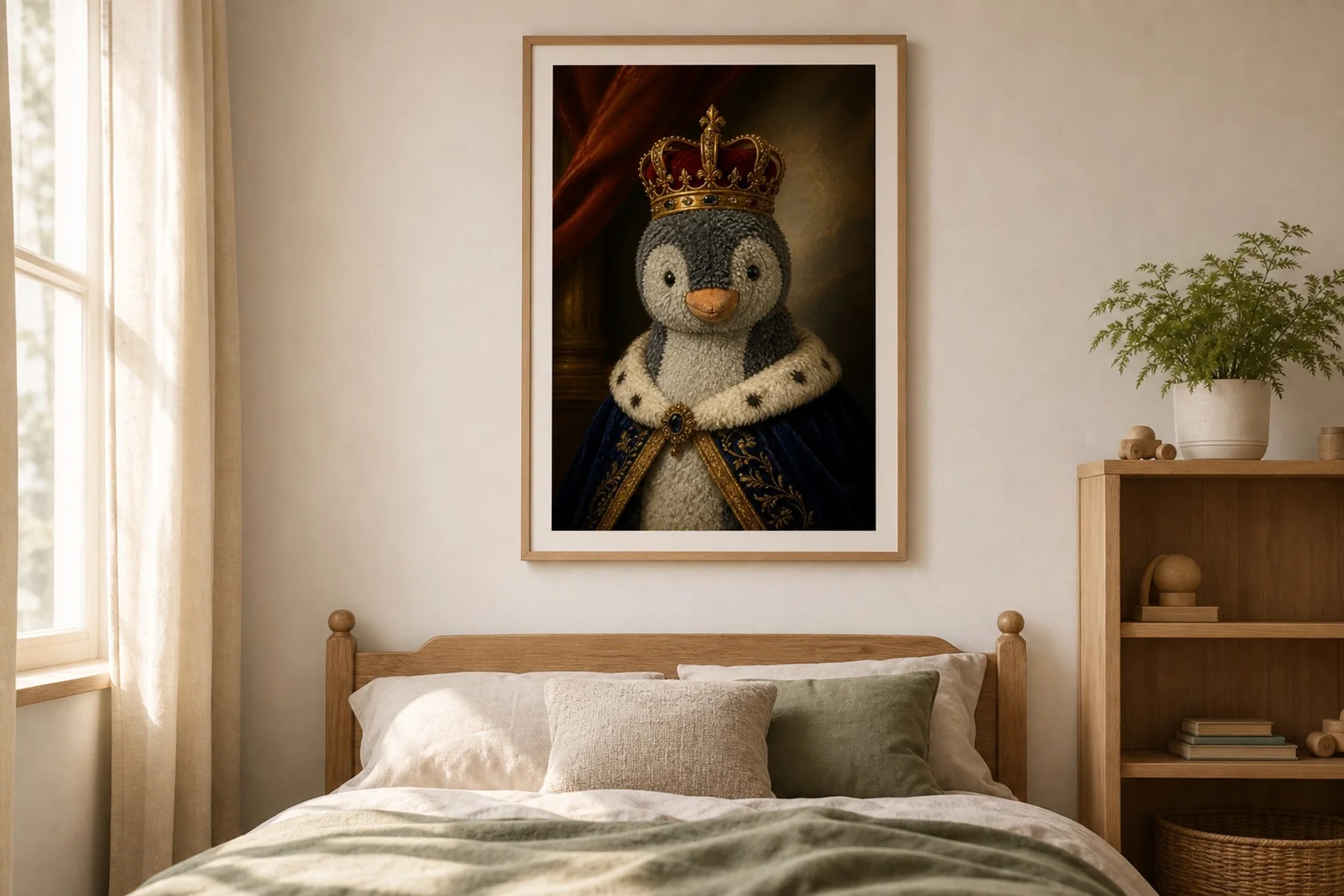 Framed Super Stuffie prints hanging in a child's bedroom