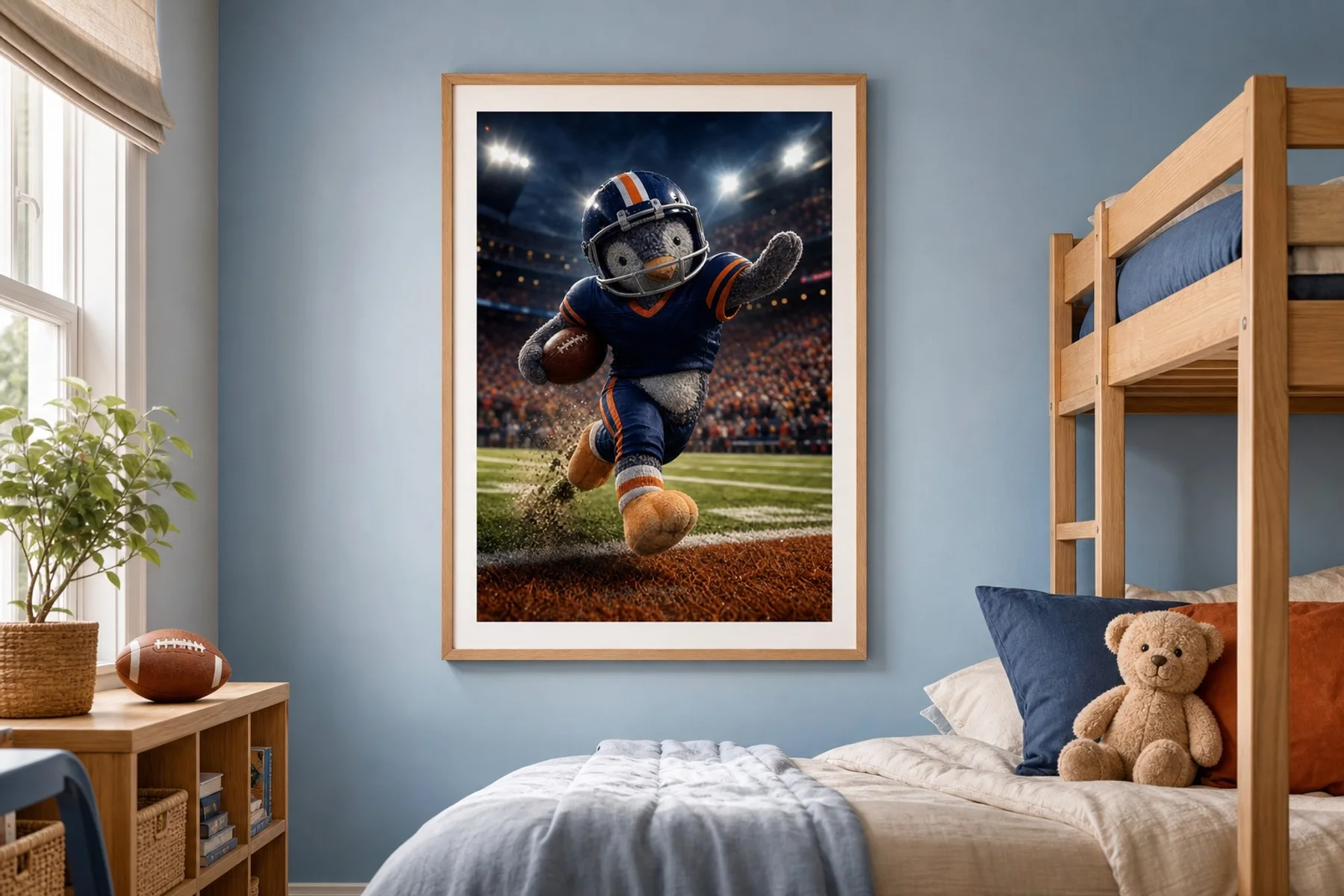 Sports artwork hanging in a child's bedroom