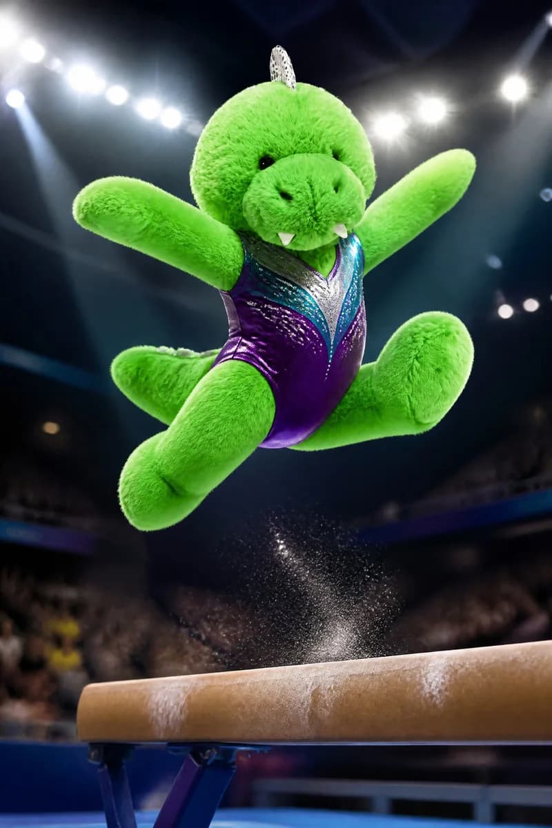 a green T-Rex reimagined in the Gymnastics style