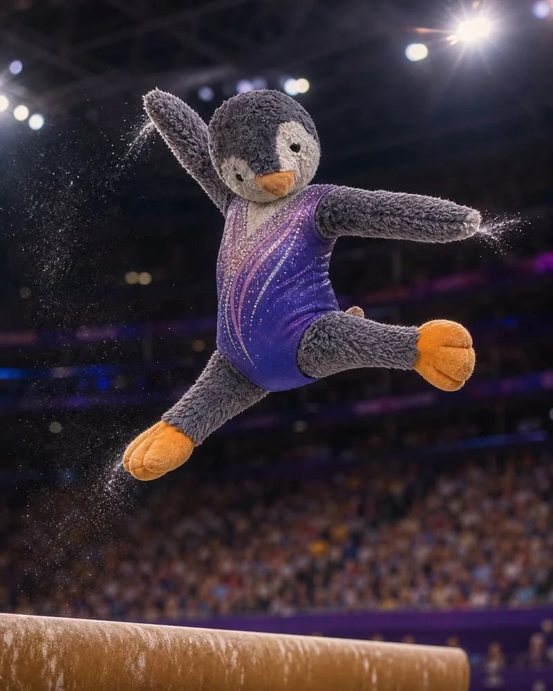 a well-loved penguin reimagined in the Gymnastics style