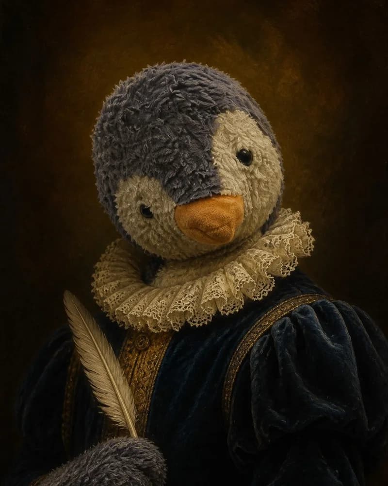 a well-loved penguin reimagined in the Old Master style