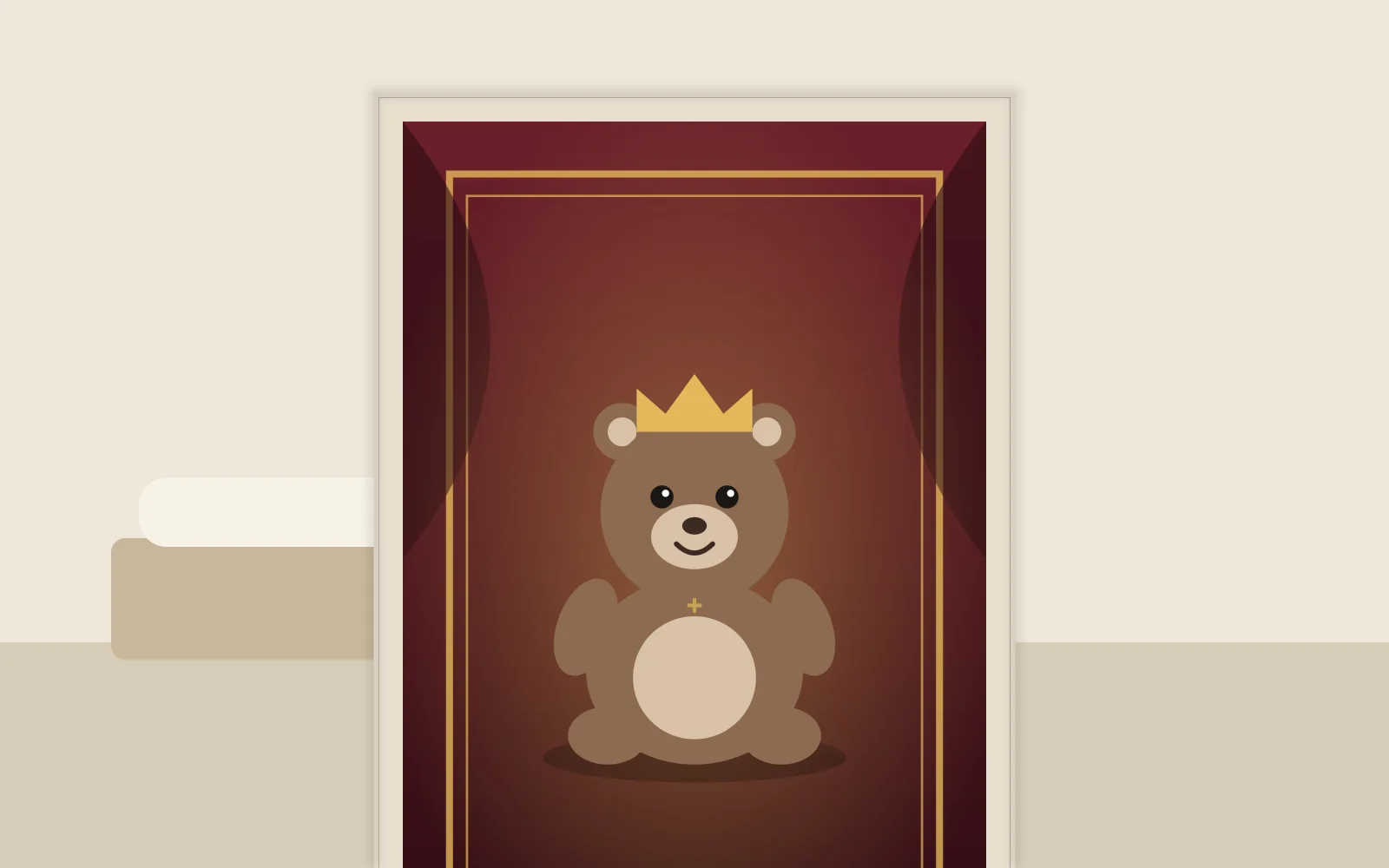 A framed Super Stuffie print hanging in a child's bedroom